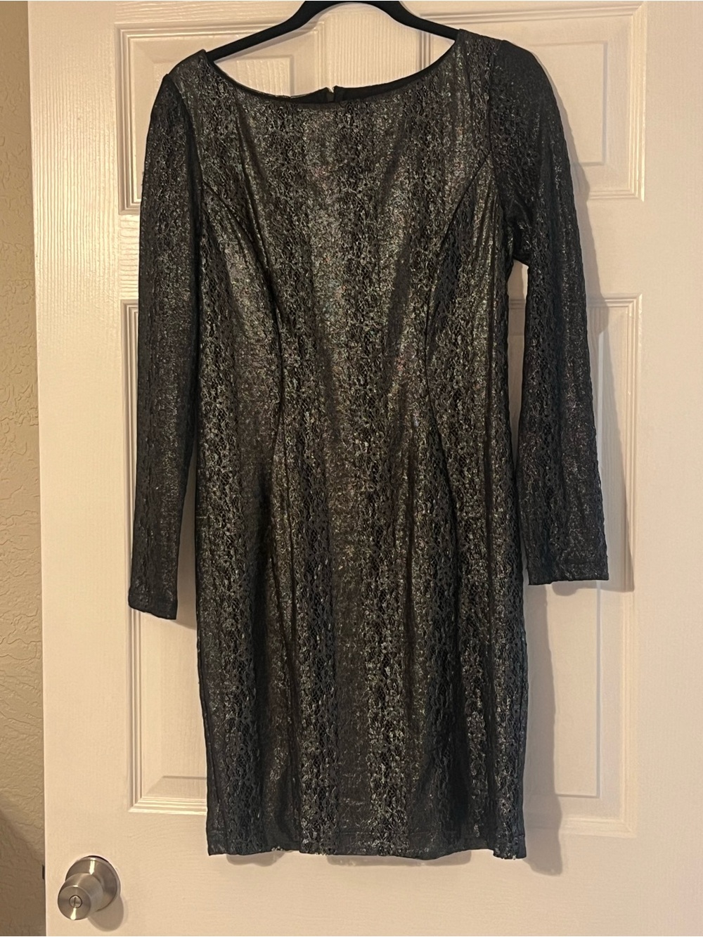 Cache Metallic Black Long-Sleeve Lace Sheath Dress